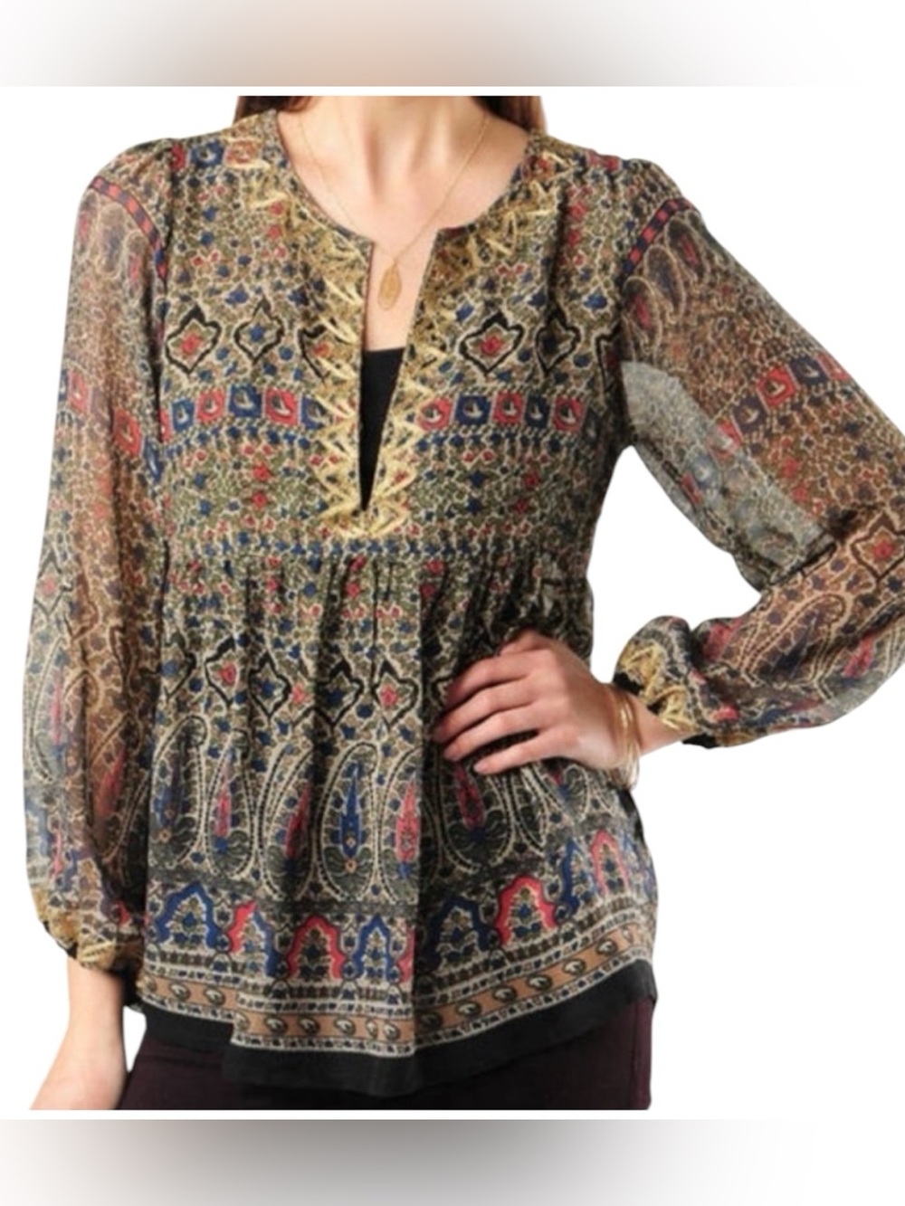 Joie Janette gold embroidered boho silk multicolor blouse size M
